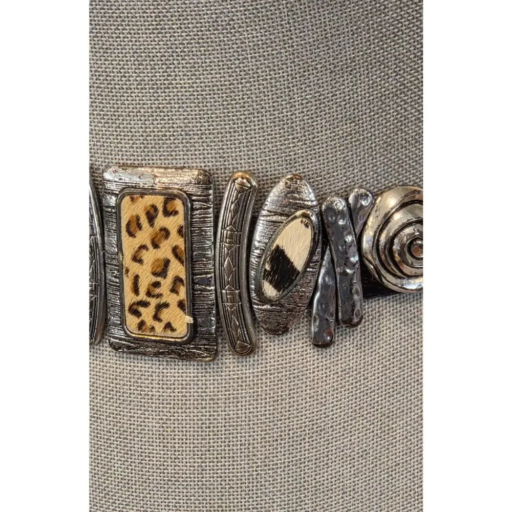 Chico’s Black Snake Embossed Leather Belt Animal Hair Abstract Silver Buckle S